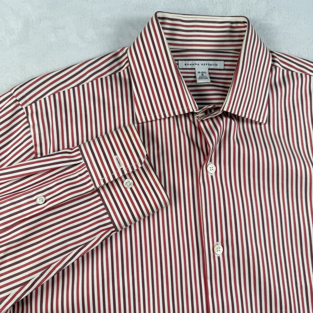 Banana Republic Dress Shirt Mens 14.5 33 Striped Red Maroon White 100% Cotton